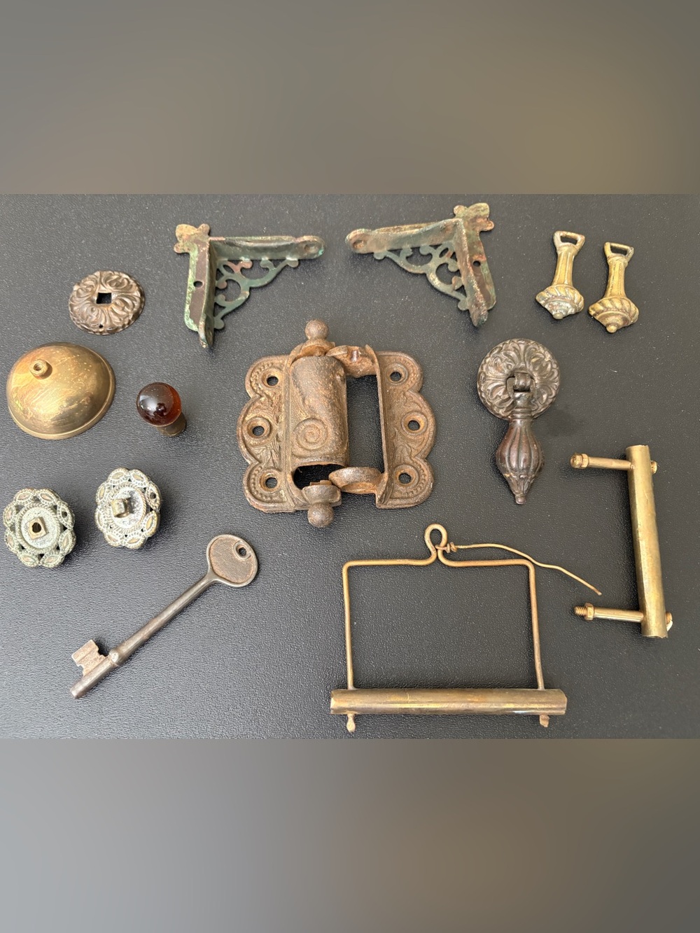 Lot of Antique Brass Cast Iron Metal Hardware Pulls Knobs Hinge Corners Key etc